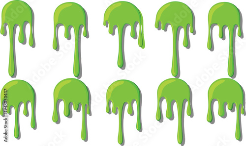 Set of neon green toxic slime drips and vibrant oozing liquid splashes with drop shadows isolated on white background for creative graphic design projects.