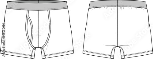 Fashion technical sketch of men's boxer briefs, featuring elastic waistband, contoured pouch, and flatlock stitching, cad drawing flat vector illustration