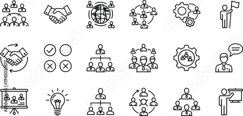 Teamwork collaboration icons set business communication organization outline collection illustration