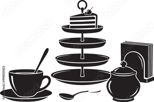 Black and white of cake stand with cup and teapot