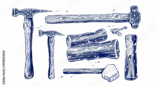 Illustration of several carpenter's tools, hammers and wood logs, in a blue and white color scheme