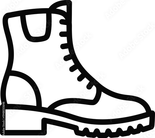A black and white line art illustration of a rugged hiking boot with a thick treaded rubber sole