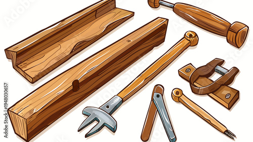 A cartoon-style illustration of various carpentry tools and wooden pieces on a white background