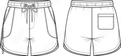 Fashion technical sketch of athletic drawstring shorts, featuring elastic waistband, curved side hems, and back pocket, cad drawing flat vector illustration
