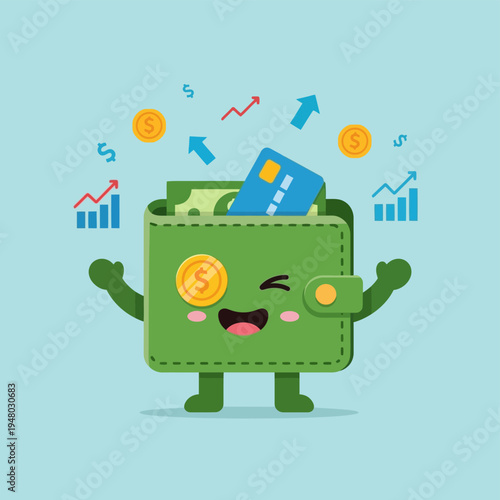 Cartoon Wallet Character with Money and Card.
