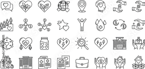 Charity donation outline icons set heart support volunteer collection illustration