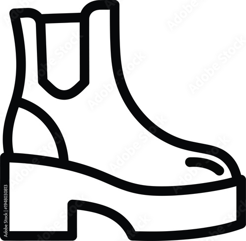 A minimalist linear icon representing a stylish chelsea boot with a thick platform sole design
