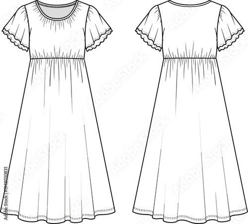 Fashion technical sketch of empire waist midi dress, featuring scalloped lace flutter sleeves and gathered bodice, cad drawing flat vector illustration