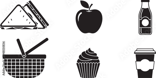 Black and white of food and drink sandwich apple soda bottle basket cupcake