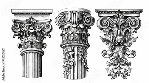 Intricate architectural designs with classical columns, showcasing detailed carvings and floral patterns