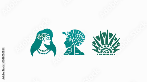 Three stylized teal illustrations on white background a woman, a pharaoh, and an abstract design