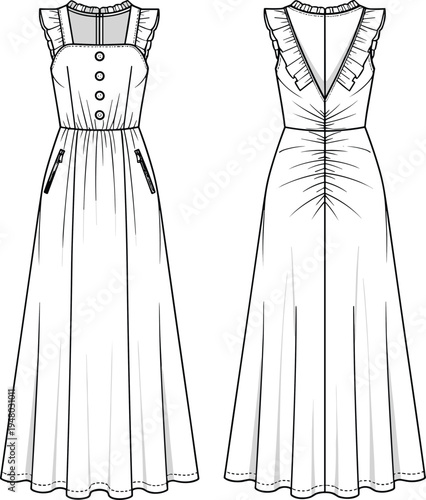 Fashion technical sketch of a sleeveless maxi dress, featuring ruffle straps, button bodice, and ruched back, cad drawing flat vector illustration