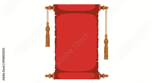 Ancient red scroll with golden tassels on white background