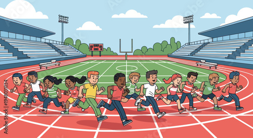 Diverse Kids Running Race on Stadium Track