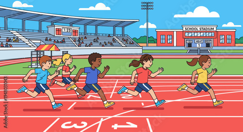 Children running race on stadium track, diverse group, school sports day, illustration