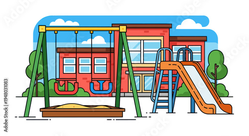 Modern School Playground with Swing Set, Sandbox, and Slide