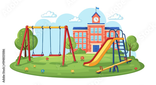 Vibrant playground with swings, slide, and seesaw in front of a school building.