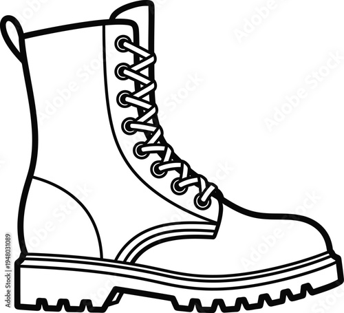 A classic black and white line art illustration of a rugged leather military style combat boot