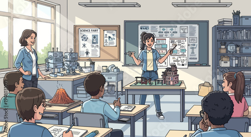 Students Presenting Science Projects in Classroom with Teacher