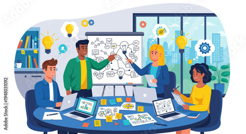 Diverse team brainstorming ideas in modern office, planning strategy with whiteboard and laptops