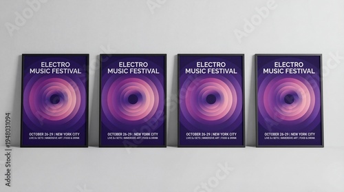 Vibrant framed posters showcasing an electro music festival promotion, perfect for event advertising and modern concert announcement designs