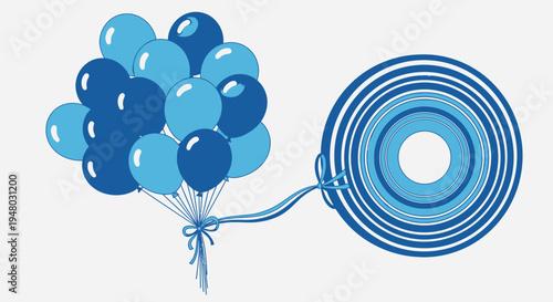 Blue balloons connected to a blue target circle with ribbon