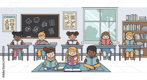 Diverse children reading books in a classroom, learning and education concept