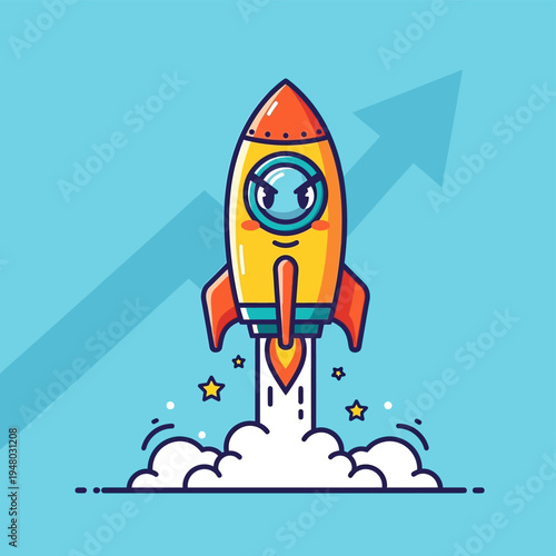 Colorful Cartoon Rocket Ship Launching Upwards.