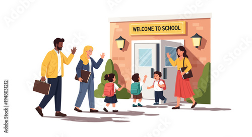 Parents, Teachers, and Children Arriving at School Entrance, Welcoming Morning