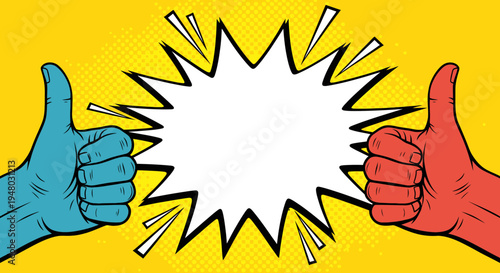 Blue and red thumbs up hands comic pop art style