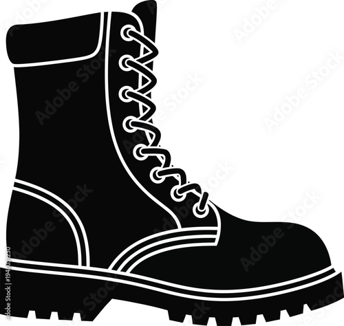 Black leather combat boot with thick rubber sole and lace up closure for rugged outdoor footwear