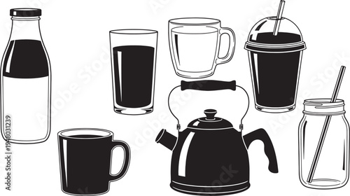 Black and white of various coffee and soda drinkware kettle
