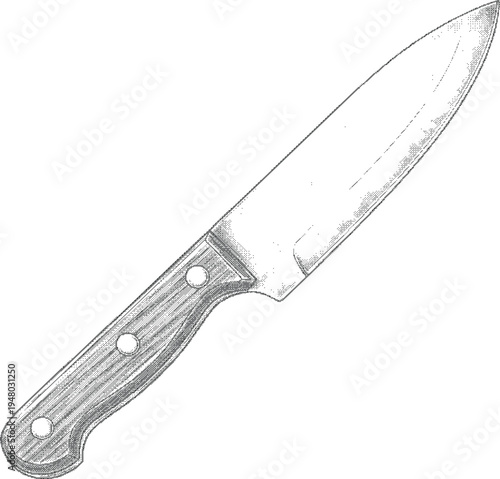 grunge dotted texture A black and white drawing of a kitchen knife with a wooden handle and metal blade