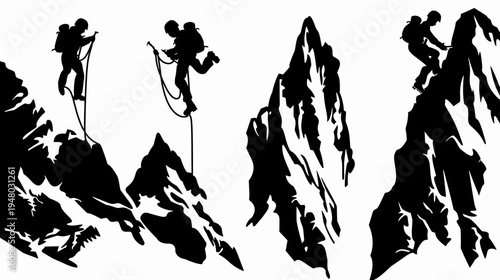 Black silhouettes of mountain climbers, ascending peaks with ropes in a minimalist style
