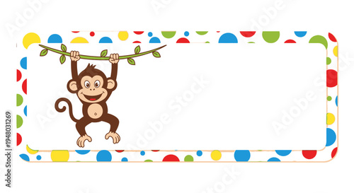 Cartoon monkey hangs from vine on colorful dotted label frame