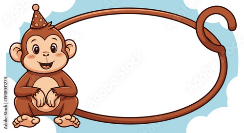 Cartoon monkey with party hat and tail frame on cloudy background