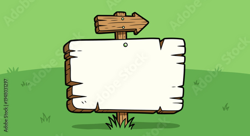Cartoon wooden direction sign on green grass