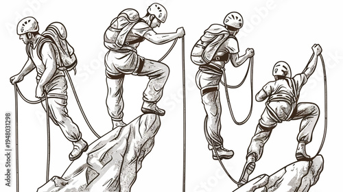 Illustration depicts four climbers scaling a mountain, utilizing ropes and gear for the climb