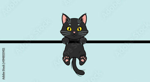Cute black cartoon cat hanging on horizontal line