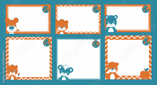 Cute bear blank name tags with globe on blue background