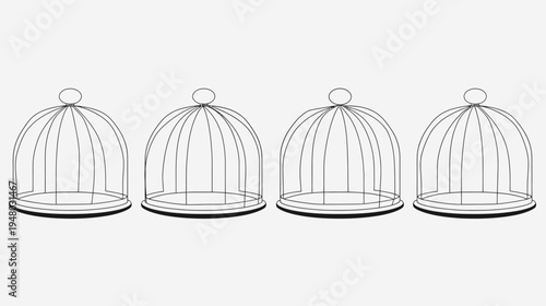 Illustration featuring four symmetrical birdcages, rendered in a simple black and white line art style