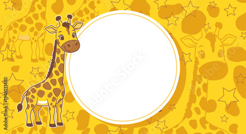 Cute cartoon giraffe character with empty round banner