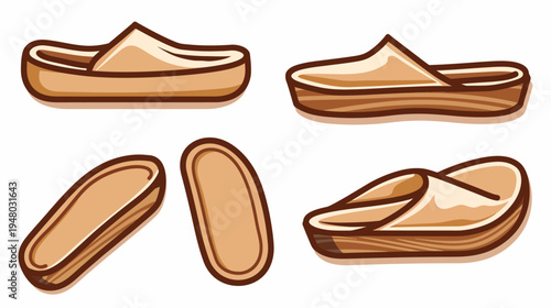 Four cartoon slipper views, brown and beige, perspective angles on white background