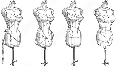 Four female dress form illustrations with gridlines for pattern making