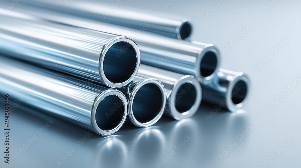 Fototapeta premium Shiny metal pipes stacked in a pile, industrial material, close-up view
