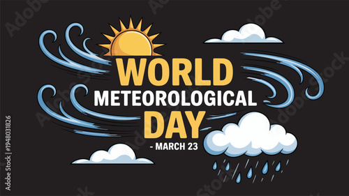 World Meteorological Day greeting background featuring wind swirls sun and rain clouds vector