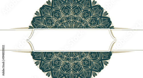 Elegant teal and gold mandala pattern with white decorative banner