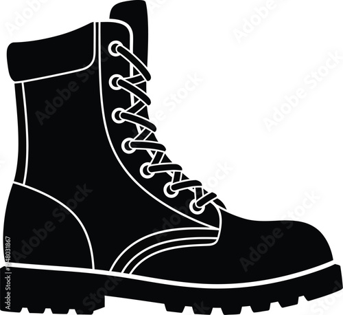 A detailed black silhouette graphic representation of a classic leather lace up work combat boot