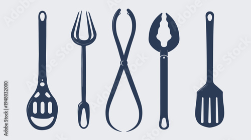 Simple illustration of five kitchen tools arranged horizontally, blue against a light background