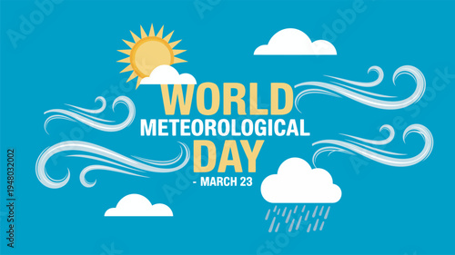 World Meteorological Day greeting background featuring wind swirls sun and rain clouds vector